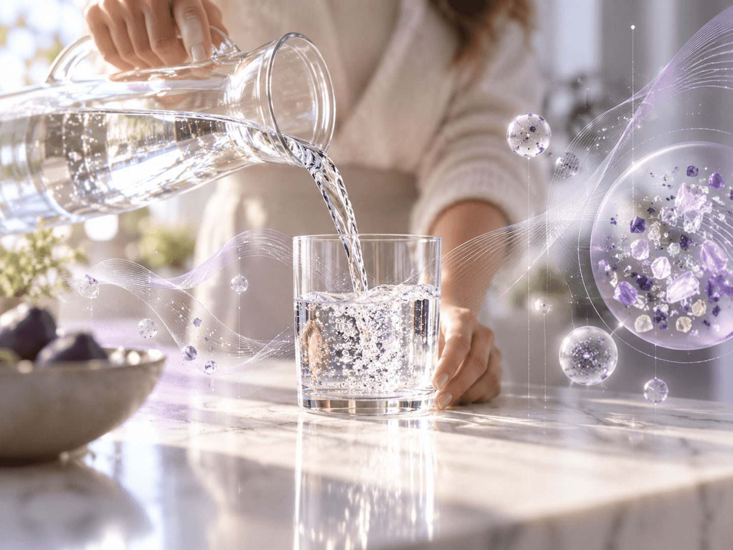 Everyday lifestyle scene blending into a scientific visualization of microplastic exposure