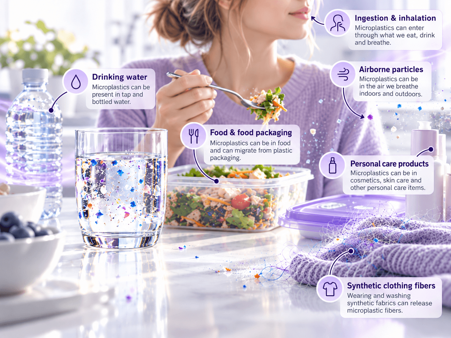 Illustrated pathways showing how microplastics can enter the body through drinking water, food and food packaging, airborne particles, synthetic clothing fibers, and personal care products